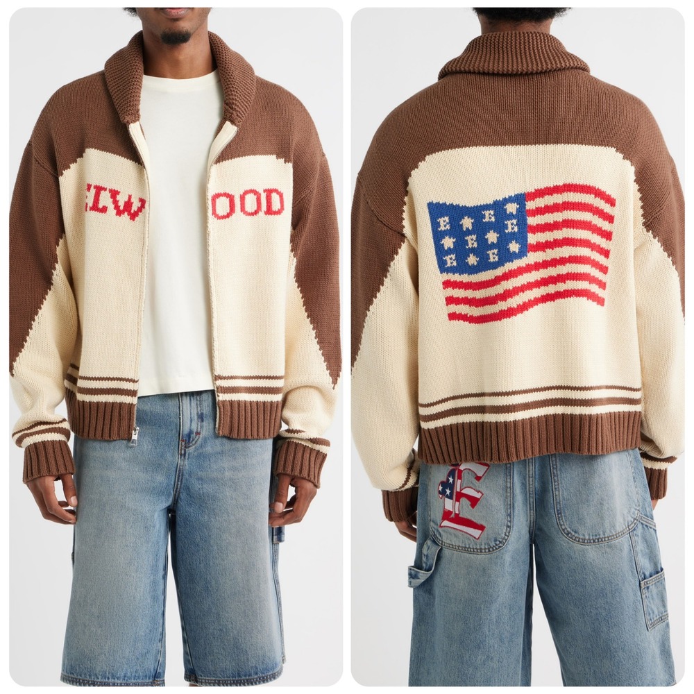 Elwood Camp Cardigan Full Zip Mens M Brown Americana Flag Knit Shawl Collar